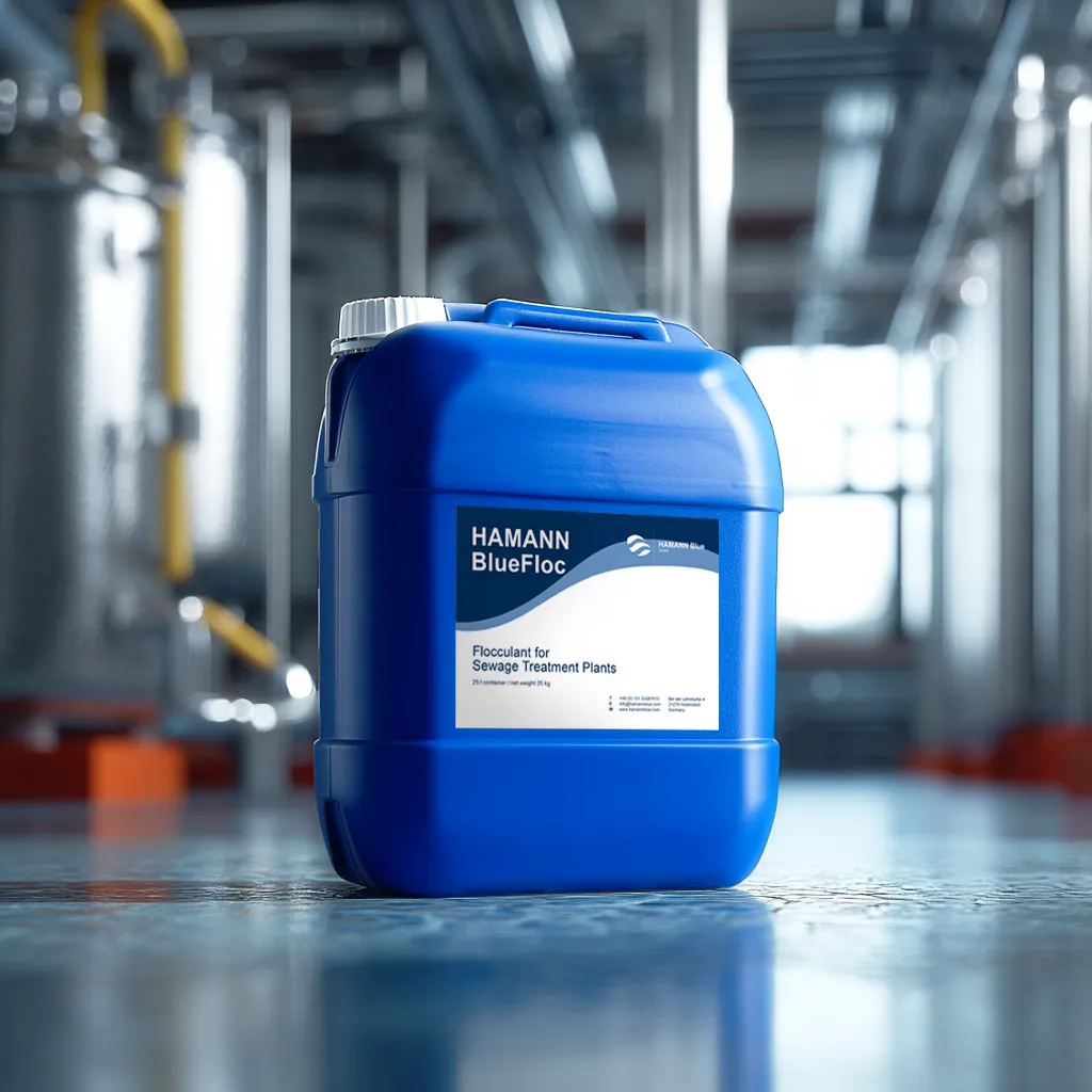 A blue industrial container labeled 'HAMANN BlueFloc – Flocculant for Sewage Treatment Plants' placed on the floor of a modern industrial facility with stainless steel equipment in the background.