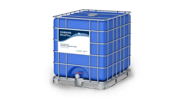 HAMANN BlueFloc IBC container with large-volume 2-in-1 flocculant for optimized wastewater treatment. Efficient, sustainable, and ready to use.