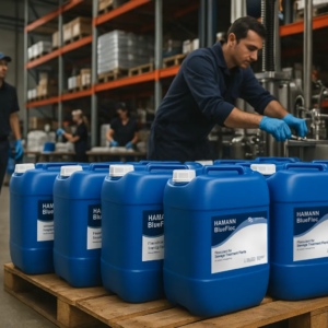 Workers in a factory setting handling industrial equipment and containers of HAMANN BlueFloc, a flocculant for sewage treatment plants. Multiple blue chemical canisters labeled "HAMANN BlueFloc" are neatly arranged on a wooden pallet in the foreground. The facility has shelves with various supplies and workers wearing gloves and uniforms.