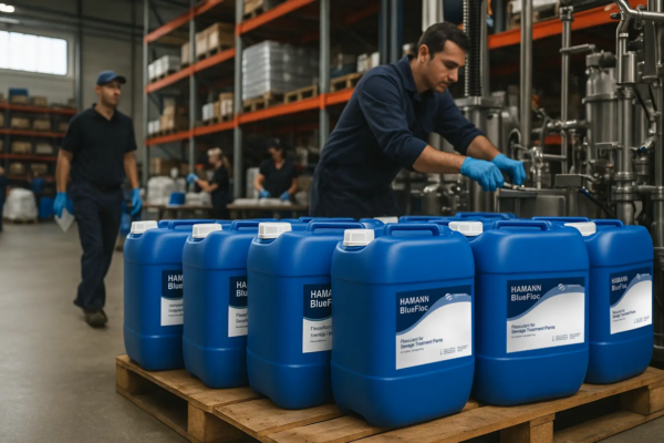 Workers in a factory setting handling industrial equipment and containers of HAMANN BlueFloc, a flocculant for sewage treatment plants. Multiple blue chemical canisters labeled "HAMANN BlueFloc" are neatly arranged on a wooden pallet in the foreground. The facility has shelves with various supplies and workers wearing gloves and uniforms.