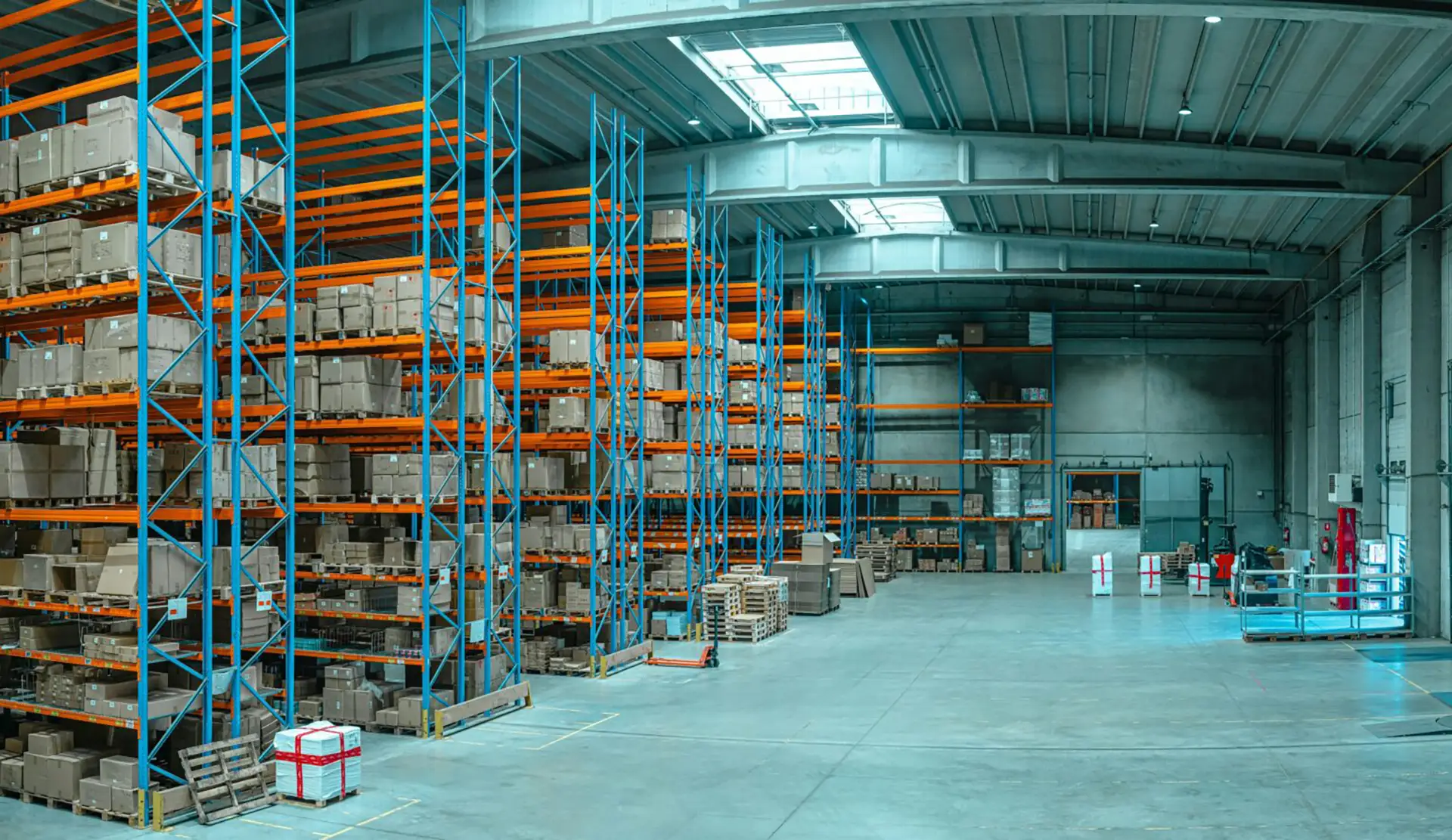 Large, organized warehouse with high blue and orange shelving racks filled with stacked boxes and pallets. The spacious interior features concrete flooring, industrial lighting, and skylights, with open space for logistics operations and equipment handling.